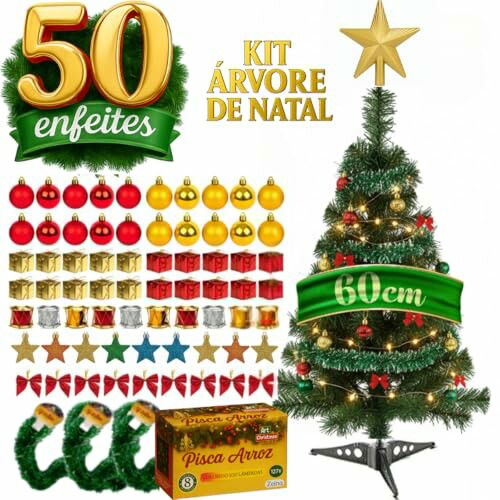 Árvore de Natal 60cm decorada com 50 enfeites