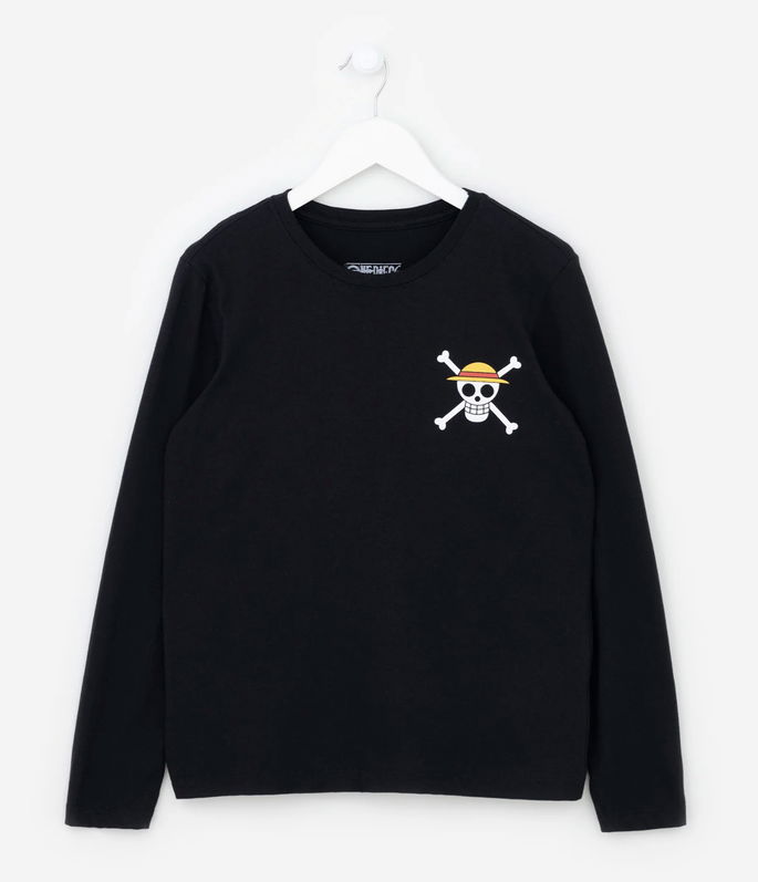 Camiseta Infantil Manga Longa com Estampa dos Chapéus de Palha preto