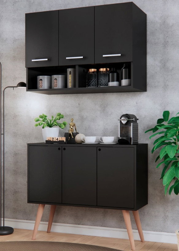 Conjunto Arm&aacute;rio A&eacute;reo + Balc&atilde;o 3 portas Cozinha Compacta M&oacute;veis Bonatto