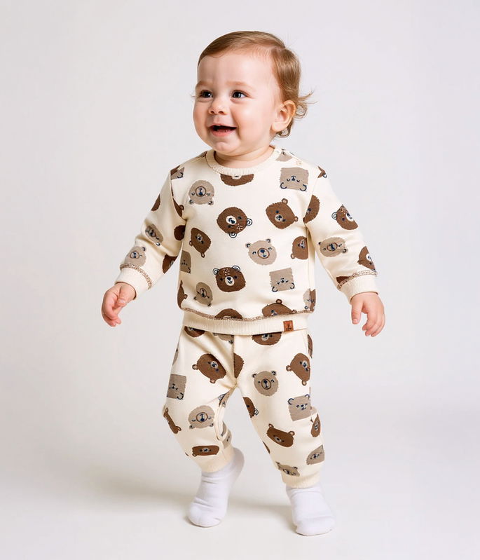 Conjunto Infantil com Estampa Carinha de Bichinhos bege