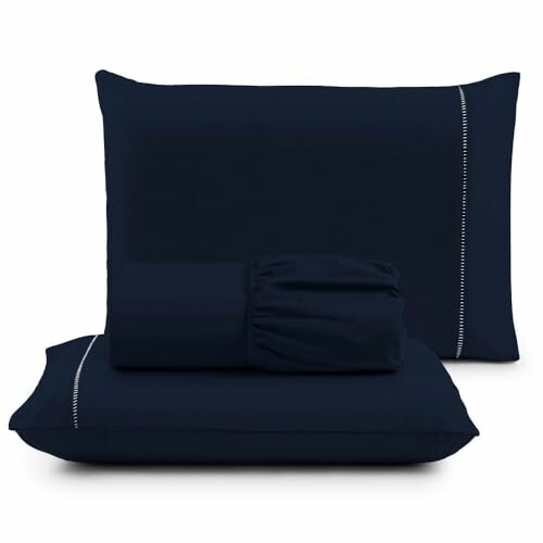 Jogo de Lençol Casal 3 Peças Micropercal 400 Fios Azul Marinho