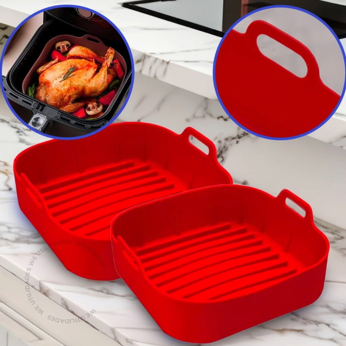 Kit 2 Forma de Silicone Air Fryer Grande 20CM Assadeira Quadrada Preta Vermelha
