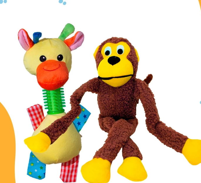 Kit 2 Pel&uacute;cias para Cachorro, Macaco 40 cm e Pato 25 cm Mordedor com Apito Savana Pet