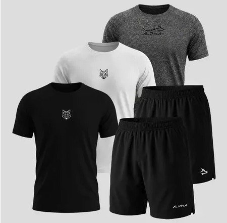 Kit 5 Peças Dry Fit 3 Camisetas e 2 Bermudas Alpha Co