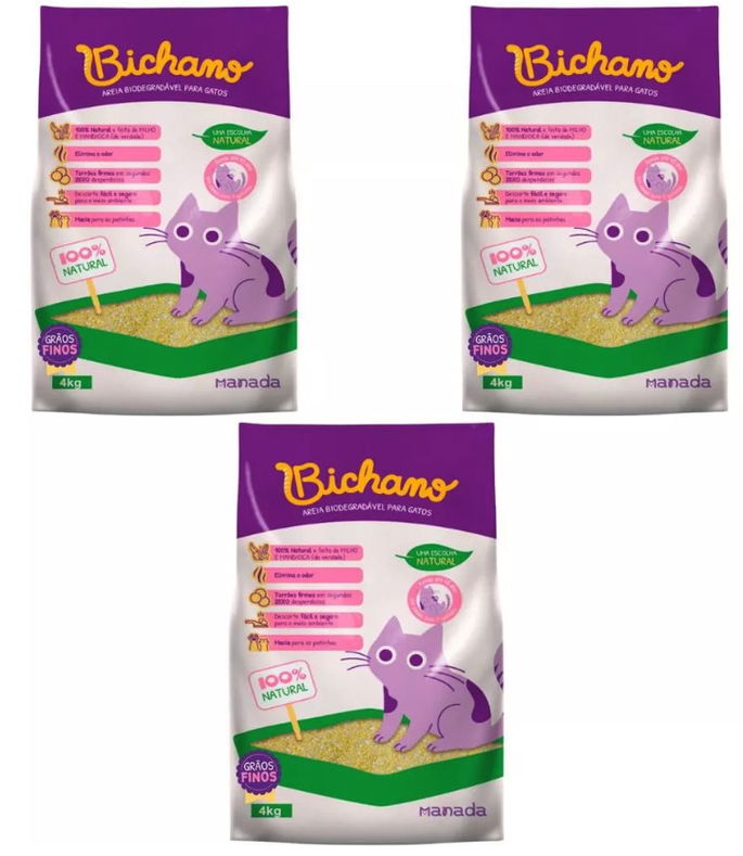 Kit com 3 unidades de Areia Biodegradável Bichano Grãos Finos