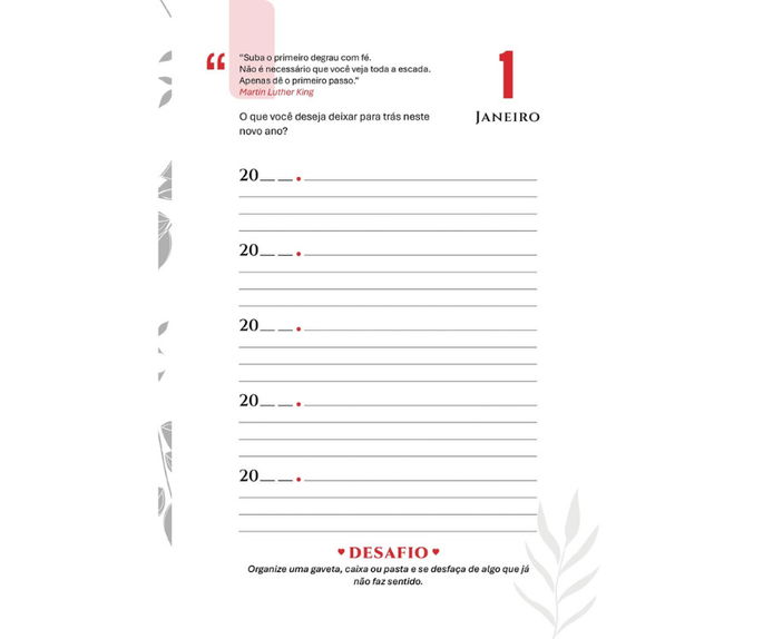 pagina dia 1 de janeiro de livro, com pautas e ilsutrações em cinza e vermelho