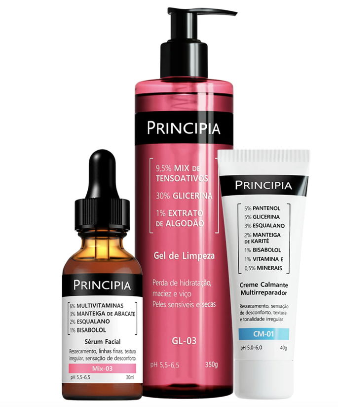 Principia Kit Recuperação de Pele c/ Gel de Limpeza GL-03 + Sérum Mix-03 + Creme Calmante Multirreparador CM-01