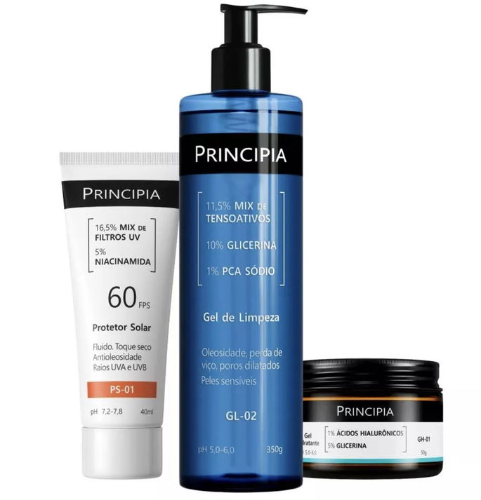 Principia Kit Rotina Essencial - Gel hidratante GH-01 + Protetor Solar PS-01 FPS60 + Gel de Limpeza GL-02