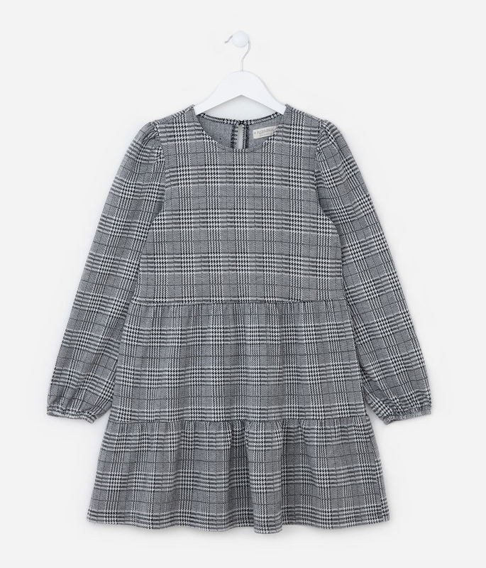 Vestido Infantil em Ponto Roma com Estampa Xadrez cinza